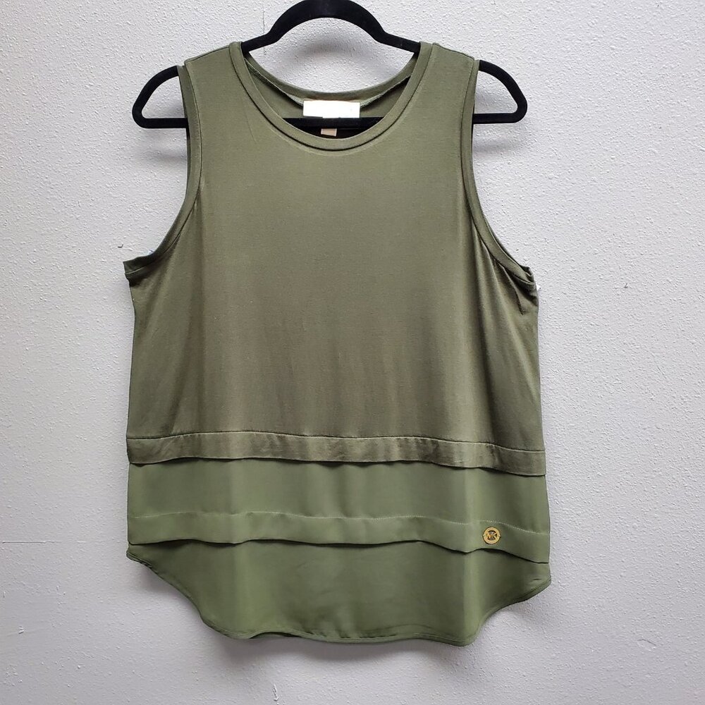 Michael Kors Tank Top Womens Large Olive Green Sleeveless Layered MK Logo Accent